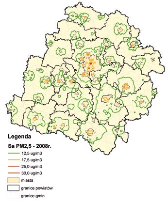 Legenda Sa PM2,5 2008 r. 12,5 µg/m 3 17,5 µg/m 3 25,0 µg/m 3 30,0 µg/m 3 miasta granice powiatów granice gmin Mapa III.25. Rozkład poziomów imisji pyłu PM2,5 w województwie łódzkim w 2008 r.