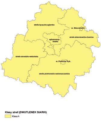 SO 2 Legenda stanowiska pomiaru SO 2 (1 h) strefy oceny Klasy stref (DWUTLENEK SIARKI) Klasa A 1. Łódź Czernika 1/3 2. Łódź Rubinsteina 77 3. Zgierz Mielczarskiego 1 4. Pabianice Konstantynowska 5.