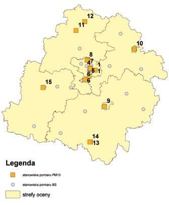 PM10 Legenda stanowiska pomiaru PM10 stanowiska pomiaru BS strefy oceny Klasy stref (PYŁ ZAWIESZONY PM10) Klasa A Klasa C 1. Łódź Czernika 1/3 PM10 2. Łódź Rubinsteina 77 PM10 3.