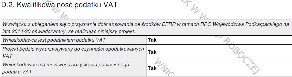 Wnioskodawca ma możliwość wyboru z list rozwijanych tak, nie lub częściowo, jednak bez względu na zaznaczenie, wartości podatku VAT należy uwzględnić w tabeli D.3 jedynie w kolumnie dot.