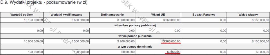 Po użyciu opcji Przelicz tabelę, program automatycznie przeliczy wszystkie wartości w tabeli: Projekt ogółem. Przykład: D.9.