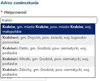 Najpierw nalez y wybrać dzielnićę, kolejno wpisać ulićę wpisująć kilka pierwszyćh liter, a następnie wybrać konkretną pozyćję ze słownika.