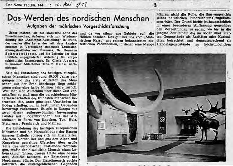 120 Oliva Kostrhun: Česká archeologie pod jhem nacismu ve světle Obr. 13. Článek o ústavu Anthropos, Der neue Tag 16. 5. 1943. Fig. 13. Article on the Anthropos Institute from the newspaper Der Neue Tag from 26 May 1943.