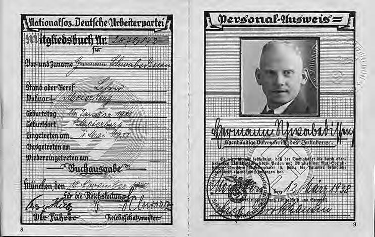 126 Oliva Kostrhun: Česká archeologie pod jhem nacismu ve světle Obr. 17. Členský průkaz NSDAP Hermanna Schwabedissena. Fig. 17. Hermann Schwabedissen s Nazi Party membership card.