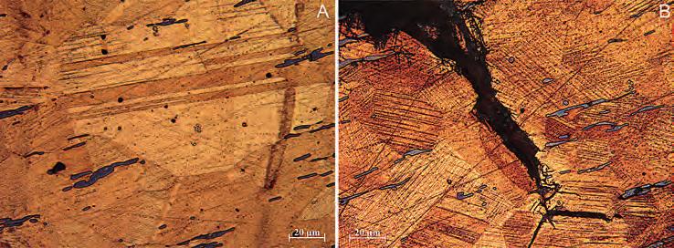 Archeologické rozhledy LXXI 2019 35 Obr. 7. Vzorek 2 bronzového pancíře. A: dvojčatění zrn a orientované sulfidické vměstky v bronzové matrici; B: transkrystalické šíření trhlin v materiálu. Fig. 7. Sample 2 of the bronze cuirass.