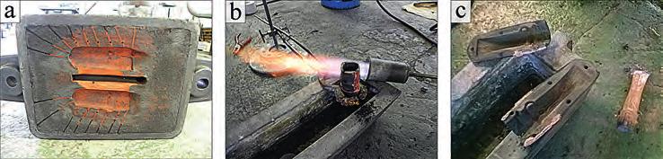 The stages of the experimental casting of the Przedmieście type axe compatible with the casting mould from Elgiszewo: a casting the mould; b pre-heating the mould; c knocking the casting out of the