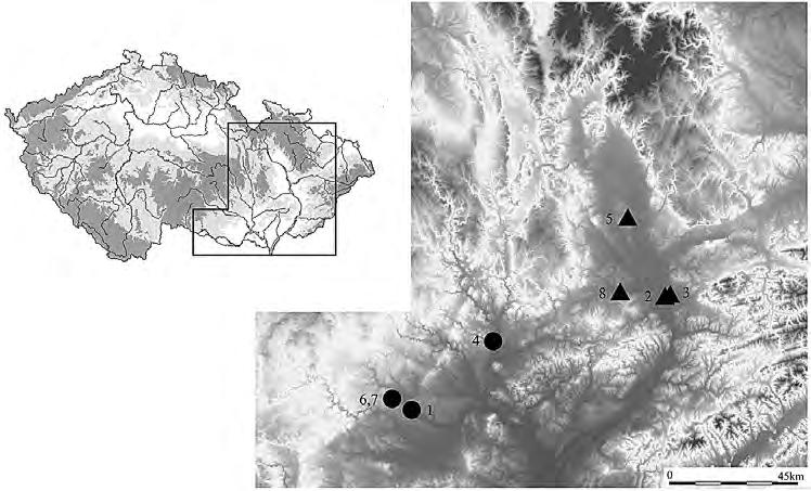 Archeologické rozhledy LXXI 2019 7 Obr. 2. Mapa lokalit z Moravy, z nichž pocházejí použitá radiokarbonová data. Nově datované soubory jsou označeny, starší data z prací J. Pešky. Fig. 2. Map of sites in Moravia providing utilised radiocarbon dates.