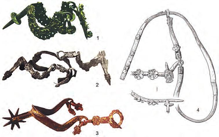 Archeologické rozhledy LXXI 2019 89 Obr. 7. Vybrané vrcholně a pozdně středověké ostruhy s plasticky zdobenými rameny ze světových sbírek: 1 Museo Civico Medievale v Bologni (podle Boccia 1991, tab.