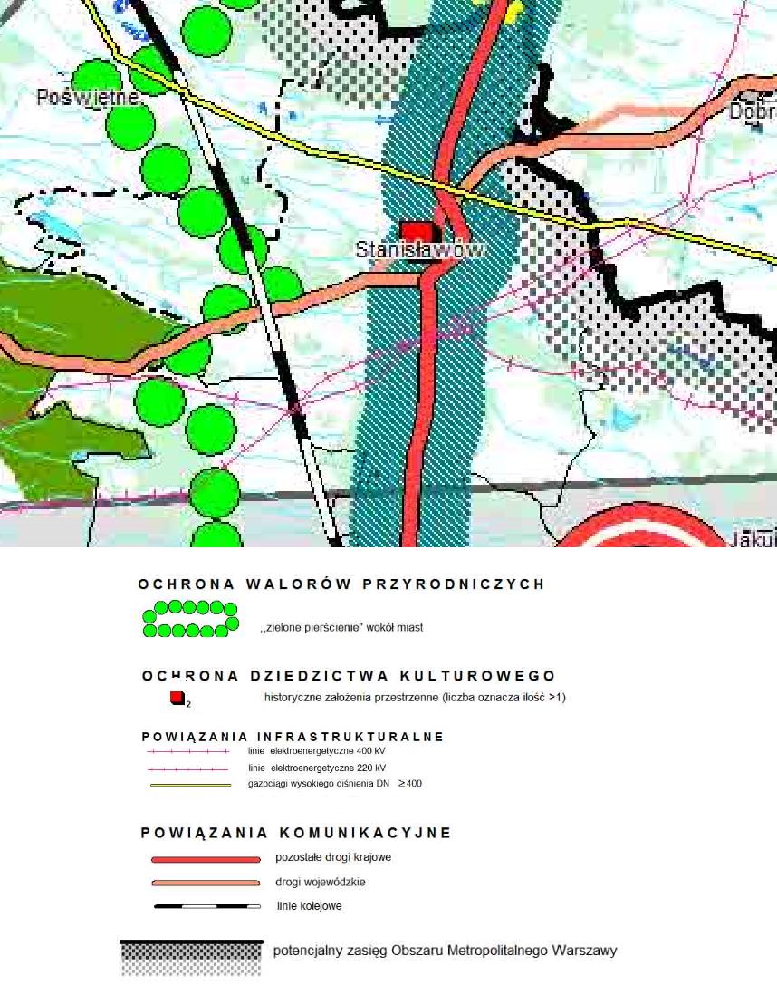 Rysunek. Fragment rysunku Kierunków zagospodarowania przestrzennego, źródło: Plan Zagospodarowania Przestrzennego Województwa Mazowieckiego z 204r