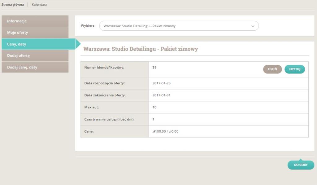 CENY, DATY Zakładka CENY, DATY jest przeznaczona dla opublikowanych wcześniej ofert PARTNERA, umożliwia łatwą zmianę zarówno dat obowiązywania oferty jak i jej ceny. 1.