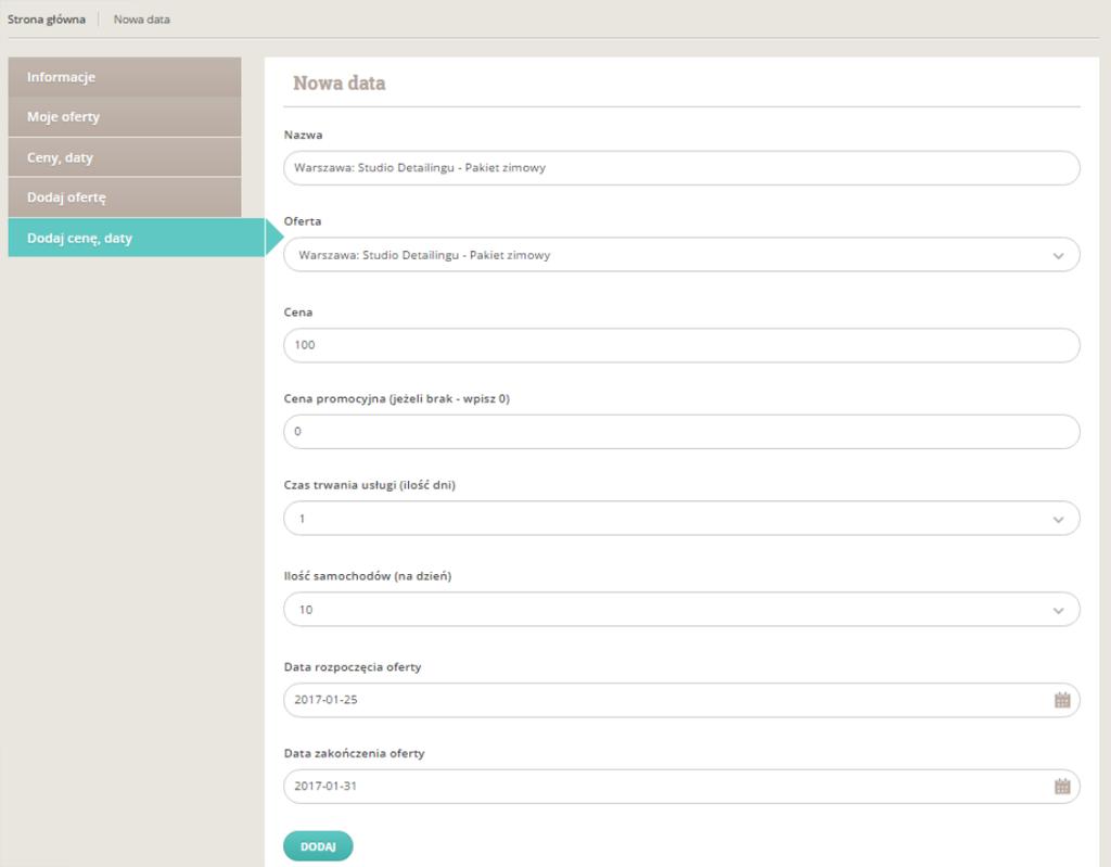 Rysunek 29 - Formularz "Dodaj cenę, daty" UWAGA!