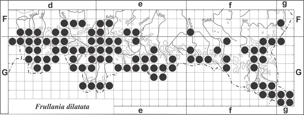 A. Stebel, R. Zubel Wątrobowiec Frullania dilatata (Jubulaceae)... 153 znana jest z 281 stanowisk, zlokalizowanych w 95 kwadratach ATMOS (Ryc. 2).