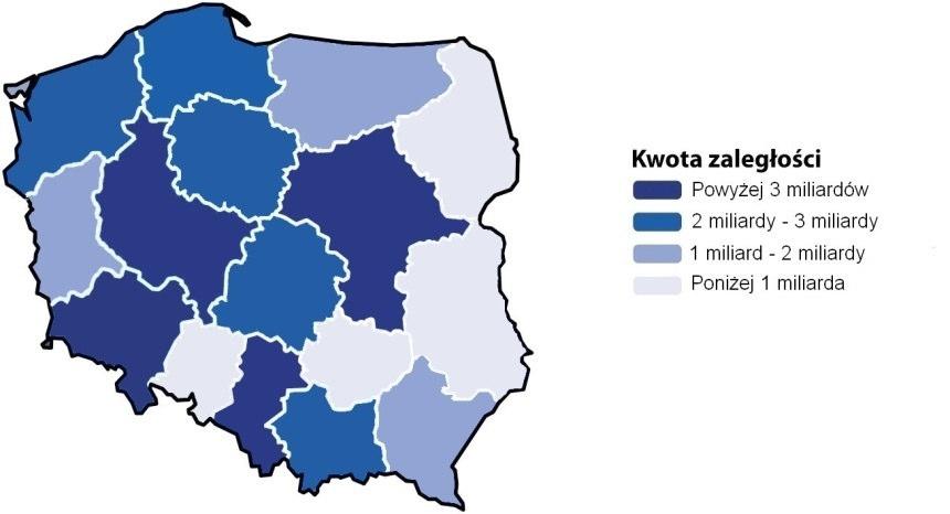 Kwota zaległych płatności w podziale na województwa Z danych BIG InfoMonitor wynika, że najwyższy poziom zadłużenia niezmiennie odnotowuje się w województwie śląskim.