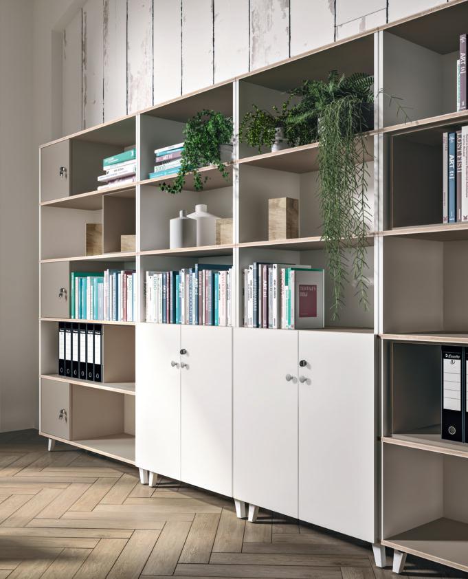 Wooden oak legs in a natural colour. Armoires, vestiaires, bibliothèques. Panneaux dans différentes combinaisons de couleurs. Tous les chants des tablettes sont visibles.
