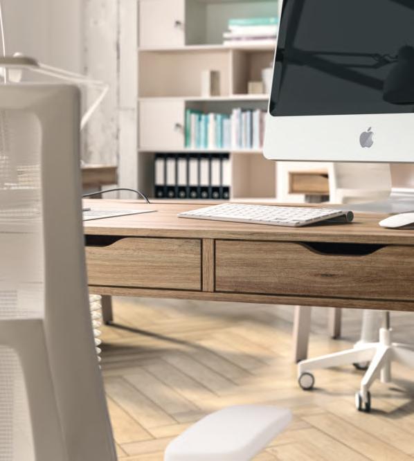 38 OFFICE 03 39 02 Biurko skrzyniowe Biurko z szufladami. Biurka różnej wielkości. Dodatkowo możliwość stosowania różnych połączeń kolorystycznych płyt i obrzeży.