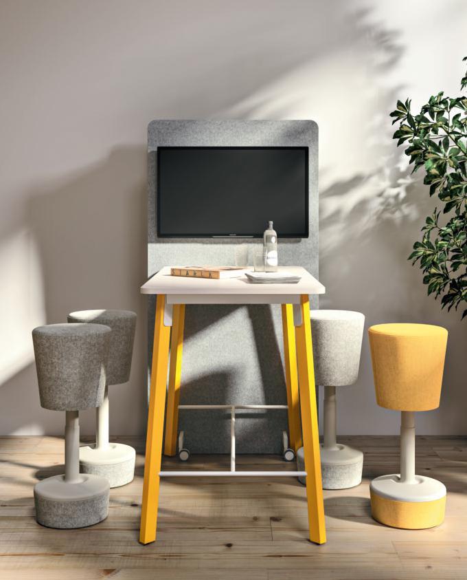 6 OFFICE 01 7 STOŁY WYSOKIE I ŚCIANKA MULTI. High tables and multi-wall. Tables hautes et cloison multi. Hohe Tische und Multi-Trennwand.