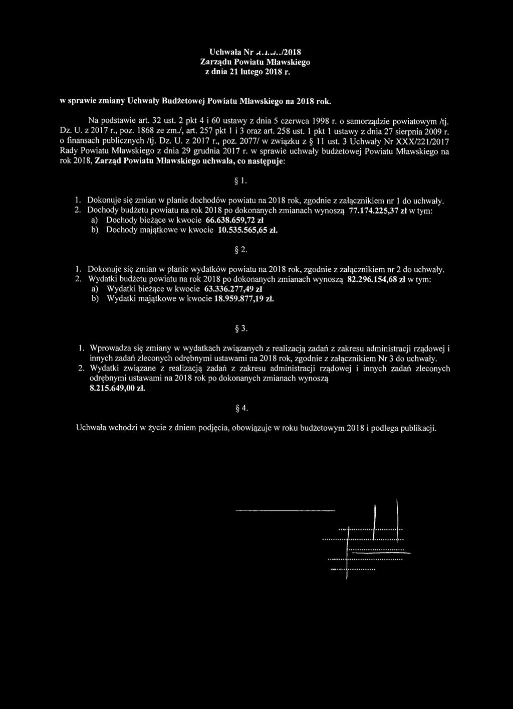 o finansach publicznych /tj. Dz. U. z 2017 r., poz. 2077/ w związku z 11 ust. 3 Uchwały Nr XXX/221/2017 Rady Powiatu Mławskiego z dnia 29 grudnia 2017 r.