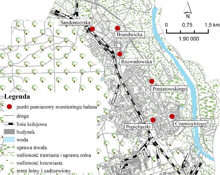 Dla hałasu drogowego równoważny poziom dźwięku A (dla pory dnia i pory nocy) wyznaczano w pięciu punktach pomiarowych, długookresowy średni poziom dźwięku A (wyznaczony w ciągu wszystkich dób w roku)