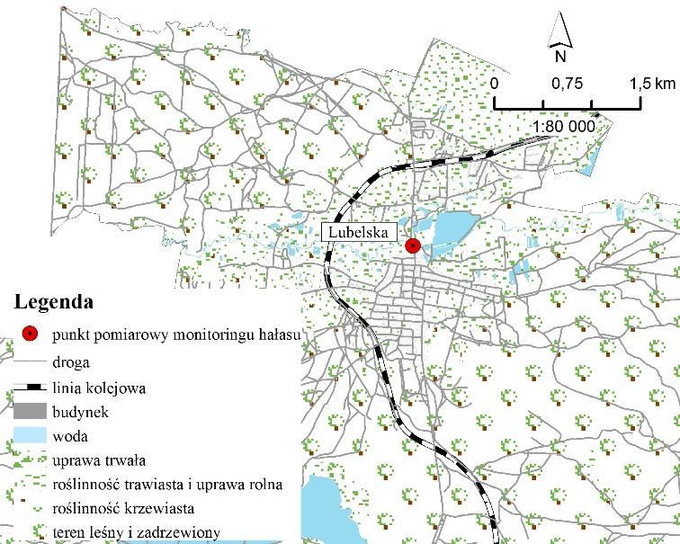 dźwięku w porze dnia (L AeqD ) wyniosła 68,9 db, zaś w porze nocy (L AeqN ) 60,3 db. Stwierdzono przekroczenie dopuszczalnego poziomu dla L AeqD o 7,9 db, zaś dla L AeqN o 4,3 db. Rys. 4.3. Lokalizacja punktu pomiarowego hałasu drogowego w Zaklikowie w 2017 r.