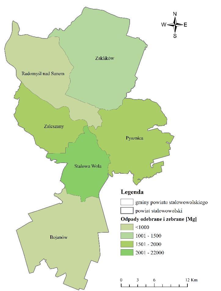 Rys.6.1. Masa odebranych i zebranych odpadów komunalnych w gminach powiatu stalowowolskiego w 2017 r.