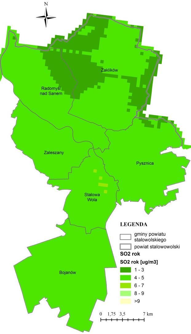 Rys.2.2 Rozkład stężeń 1-godzinnych dwutlenku siarki na terenie powiatu w 2017 r. - wyniki modelowania [1] Rys.2.3. Rozkład stężeń średniorocznych dwutlenku siarki na terenie powiatu w 2017 r.