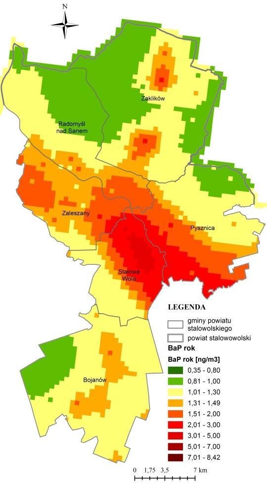 Wyniki modelowania zanieczyszczenia powietrza benzo(a)pirenem w pyle PM10 wykazały występowanie na terenie powiatu obszarów przekroczenia poziomu docelowego obowiązującego dla tego zanieczyszczenia.