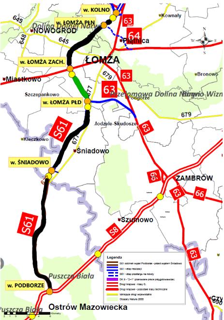 Droga S61 odcinek: węzeł Łomża Południe " (z węzłem) - węzeł Łomża Zachód (bez węzła), na długości ok. 7,186 km [S61] + DK 63 [GP] 8,907 km Wykonawca MOTA-