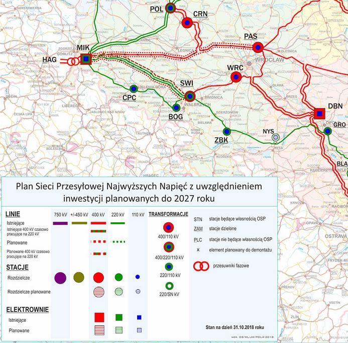 Rysunek 3. Plan sieci przesyłowej najwyższych napięć w okolicy Wałbrzycha Źródło: Plan sieci elektroenergetycznej najwyższych napięć, https://www.pse.