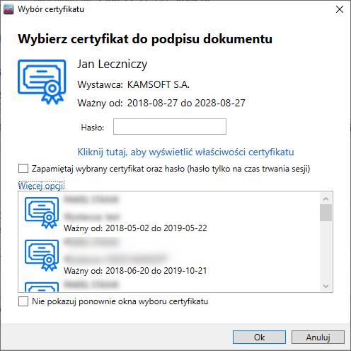 Wyboru, którym certyfikatem podpisać dokument będziemy dokonywać bezpośrednio w oknie wyboru certyfikatu, tym samym, które było używane do tej pory.
