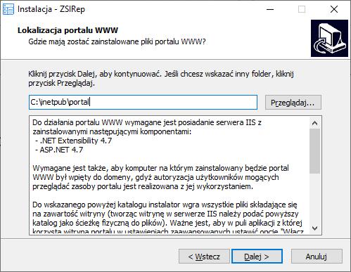 W przypadku instalacji portalu, należy zapoznać się z opisem konfiguracji serwera IIS jaka jest wymagana do poprawnego działania portalu (dotyczy to także dodania później konta aplikacji, z którego
