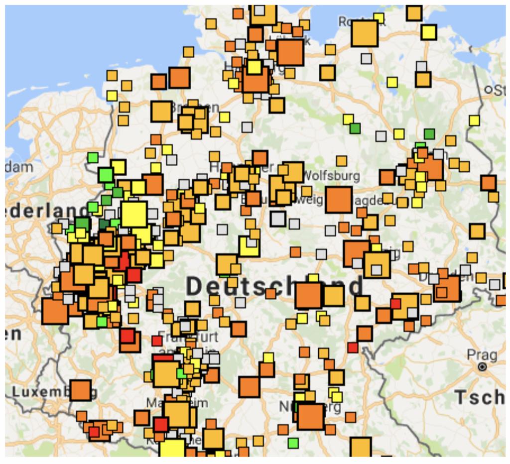 Mapa wyników - Niemcy Wielkość miasta/gminy do 50.000 mieszkańców 50.000-100.000 mieszkańców 100.000-200.000 mieszkańców powyżej 200.