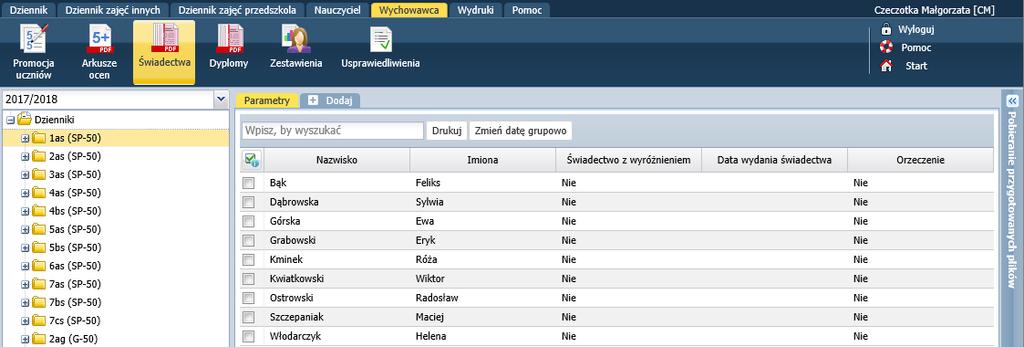 Tabela zawiera kolumnę Orzeczenie, w której wykazywani są uczniowie (wpis Tak), którzy mają aktualne orzeczenie o potrzebie kształcenia specjalnego z powodu niepełnosprawności intelektualnej w