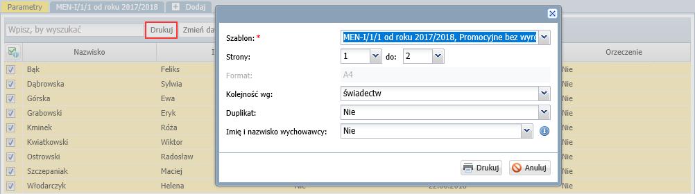 W wyświetlonym oknie ustaw parametry wydruku i kliknij przycisk Drukuj.