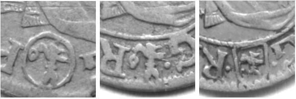 5 Godło podskarbiowskie na szóstakach koronnych K61 typu E TL-B : Ryc.76. K61 E TL-B (REX)1a. Ryc.77. K61 E TL-B (SVE) 2a. Ryc.78. K61 E TL-B (SVE) 2b. Archiwum autora.