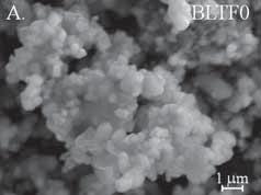 SYNTEZA I SPIEKANIE CERAMIKI BLT DOMIESZKOWANEJ Fe 3+ Rys. 2. Obrazy SEM proszków ceramicznych BLTF po syntezie: BLTF0 (A.), BLTF1 (B.), BLTF2 (C.), BLTF3 (D.). Fig. 2. SEM micrographs of BLTF powders: BLTF0 (A.