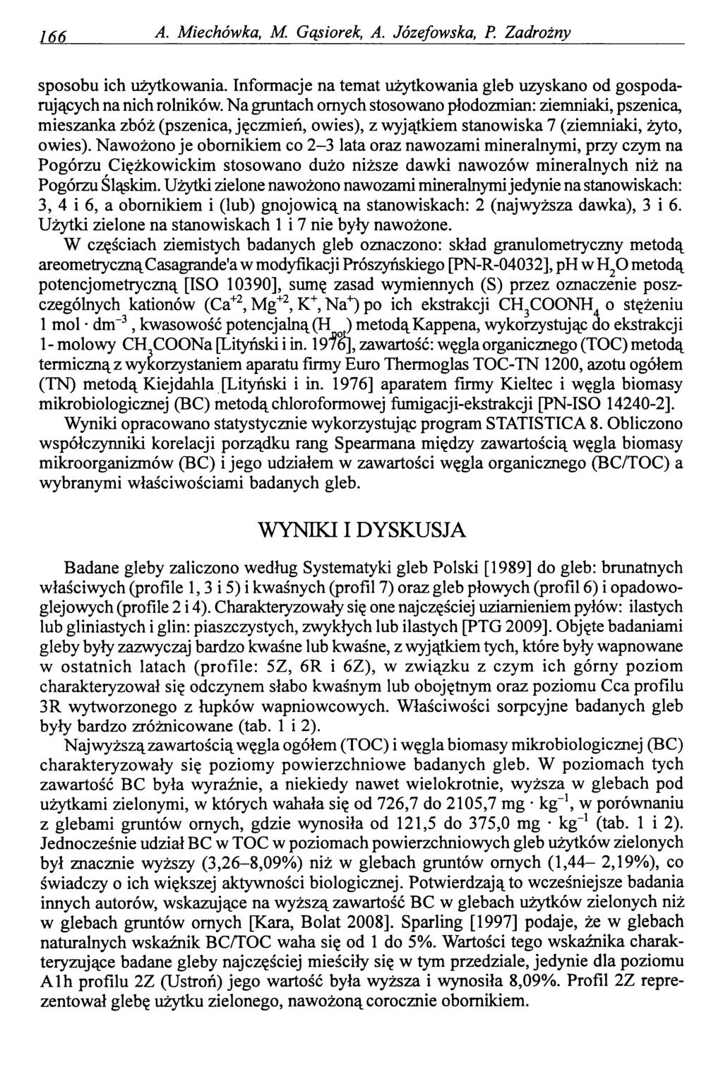 166 A. Miechówka, M. Gąsiorek, A. Józefowska, P. Zadrożny sposobu ich użytkowania. Informacje na temat użytkowania gleb uzyskano od gospodarujących na nich rolników.