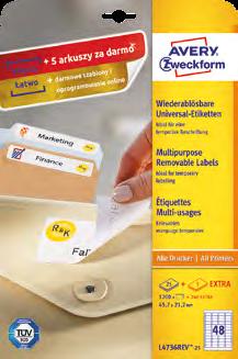 pełnej utylizacji Wybrane rozmiary posiadają unikalny system QuickPL ułatwiający odrywanie i szybsze przyklejanie etykiet Intensywny i wyraźny wydruk, idealne odwzorowanie barw i tekstu Oszczędzaj