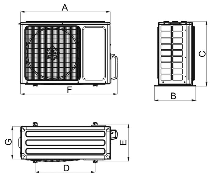 Model A B C D E F G H b) Jednostki zewnętrzne KASETONOWE GUD35T/A-T 620 580 570 520 560 265 140 285 Jednostki zewnętrzne GUD50T/A-T 620 580 570 520 560 265 140 285 GUD71T/A-T 950 870 840 660 790 240