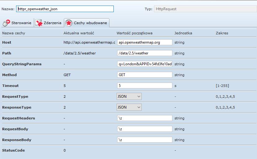 W obiekcie HttpRequest należy ustawić następujące parametry: Host api.openweathermap.org Path /data/2.