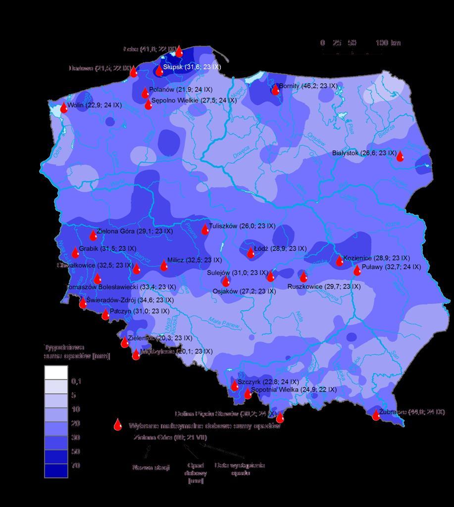3. Rozkład tygodniowej sumy opadów oraz wybrane maksymalne