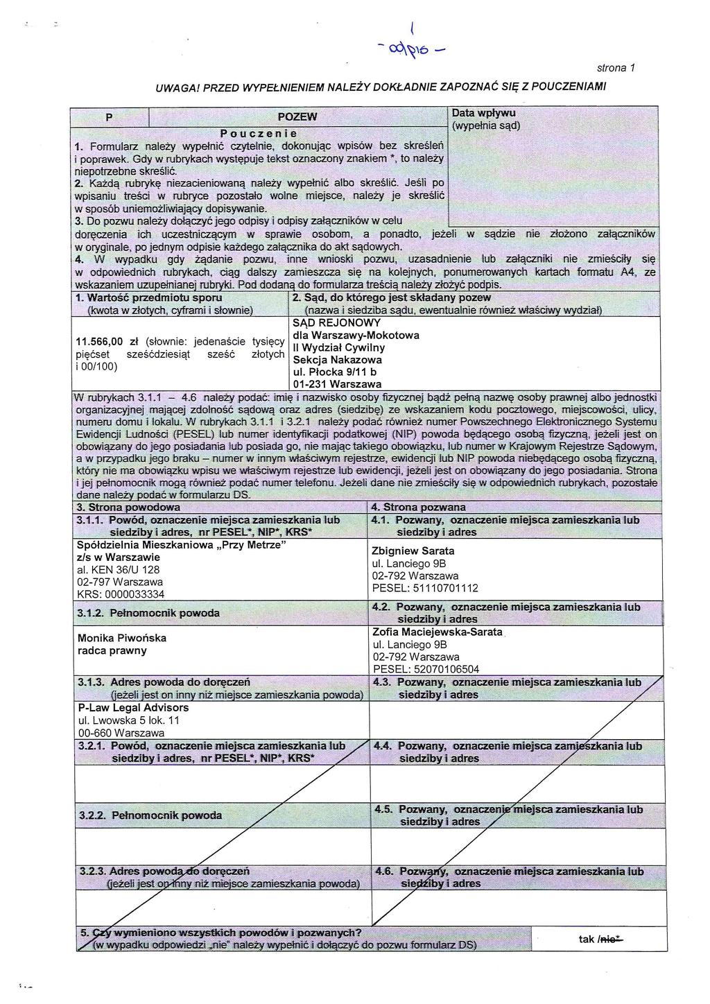 UWAGA! PRZED WYPEtNIENIEM NALEZY DOKtADNIE ZAPOZNAC SI!; Z POUCZENIAMI strona 1 11.