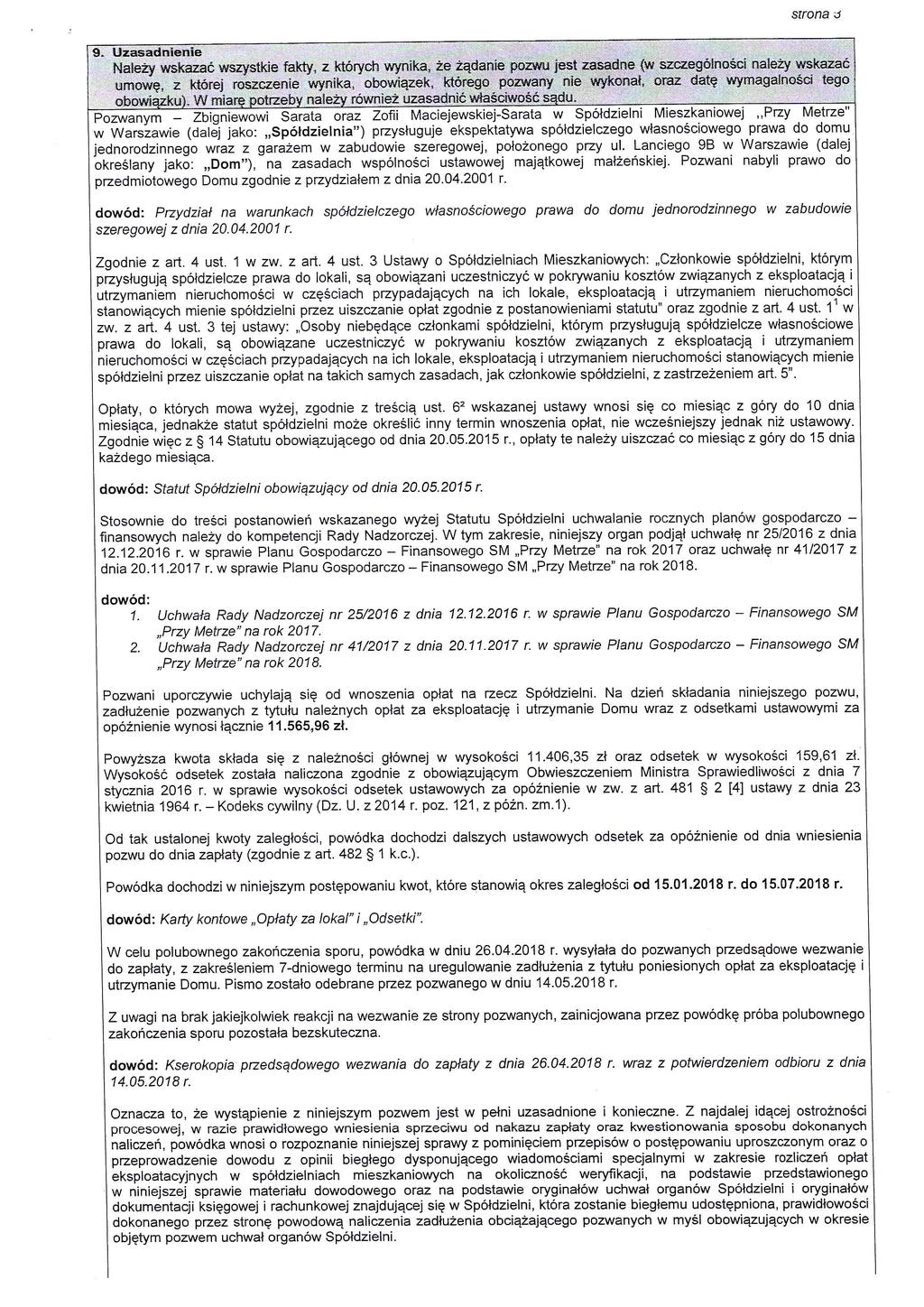 srrona ;j Pozwanym - Zbigniewowi Sarata oraz Zofii Maciejewskiej-Sarata w Spoldzielni Mieszkaniowej.