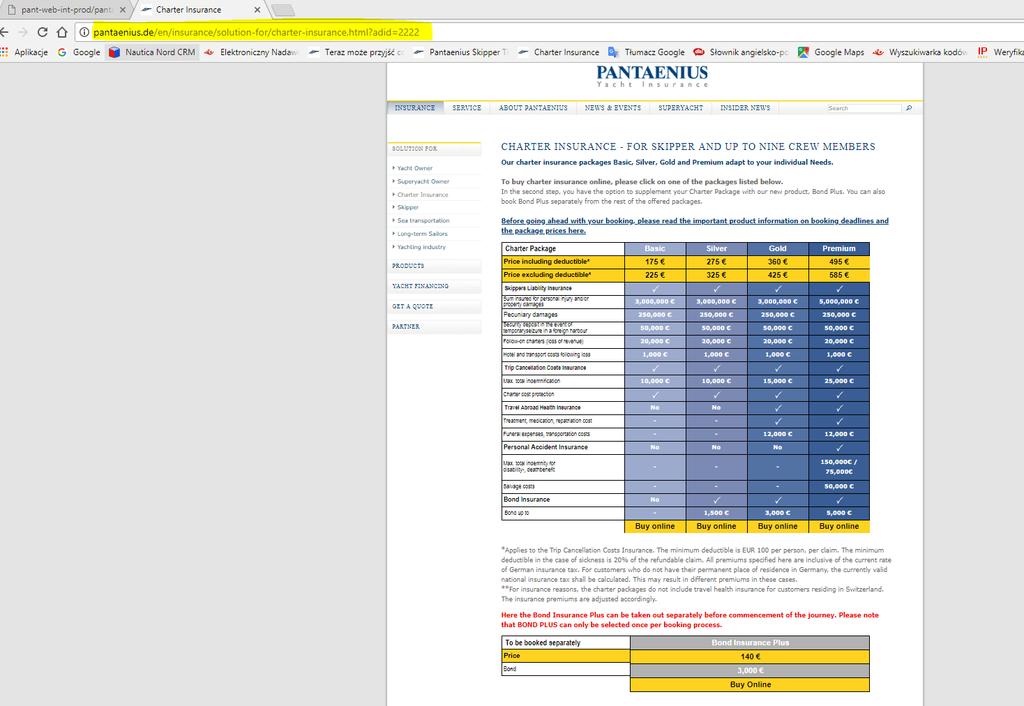 Instrukcja do zawarcia on-line ubezpieczenia Pakiet Czarterowy 1. Należy wejść na stronie Pantaenius.de poprzez link udostępniony przez polecającego nasze ubezpieczenie np. firmę czarterową.