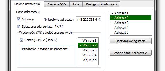 IO-E350-001 5 / 15 w pole tekstowe poniżej wpisać treść wiadomości SMS: Urzadzenie 1 zostalo uruchomione.
