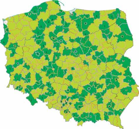 Rozmieszczenie jednostek opieki domowej dla dzieci (liczby jednostek w powiecie; jasny kolor i brak liczby brak czynnej jednostki) zgodne z zaleceniami dotyczącymi organizacji opieki paliatywnej w