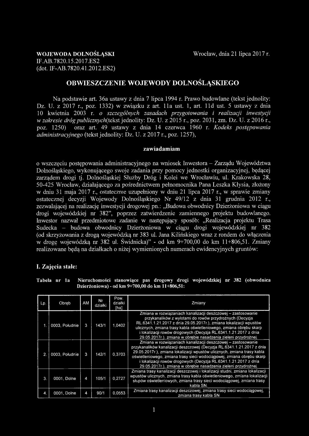 o szczególnych zasadach przygotowania i realizacji inwestycji w zakresie drógpublicznych(tekst jednolity: Dz. U. z 205 r., poz. 203, zm. Dz. U. z 206 r., poz. 250) oraz art.