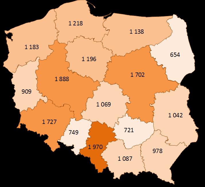 48 Gospodarka turystyczna w Polsce w układzie wojewódzkim w latach - Rysunek 11. Długość eksploatowanych linii kolejowych w r. (w km) Źródło: Opracowanie własne na podstawie danych GUS. Tabela 12.