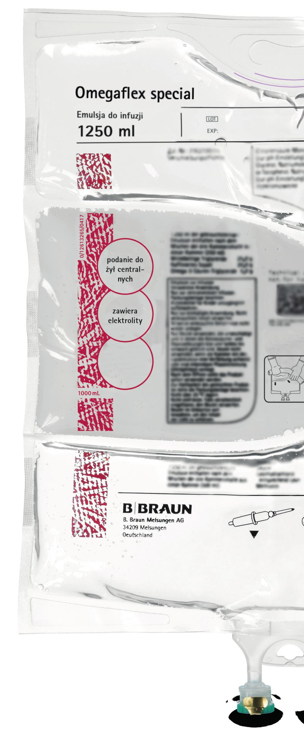 Cechy nowego opakowania Czytelne - Praktyczne - Przyjazne Czytelne oznaczenie Objętość worka w ml Szybki dostęp do kluczowych informacji Droga podaży (podanie do żył obwodowych i/lub centralnych)