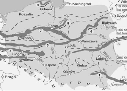 8. Nazwać pradoliny zaznaczone na mapie. (0-9 pkt) Źródło:http://www.