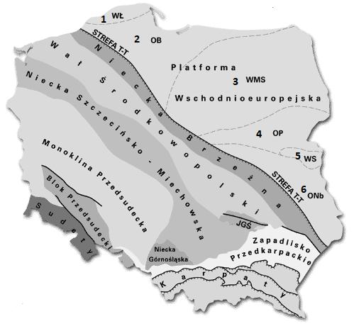 11. Uzupełnić legendę mapy o drugorzędne jednostki Platformy Wschodnioeuropejskiej. (0-6 pkt) Jednostki tektoniczne Polski Legenda: 1.WŁ.. 2.OB 3.WMS 4.OP 5.WS. 6.ONb.